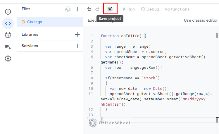 click save project icon to save the script to use